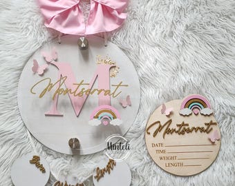 Rainbow theme Newborn Baby Birth Stats Board wood acrylic sign, 3d Style door hanger, nursery modern decor, hospital door hanger sign decor