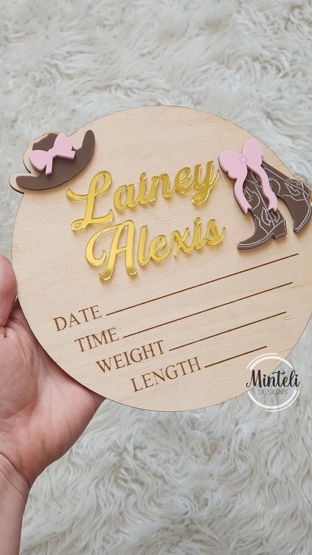 Boots and Bows Theme Newborn Baby Birth Stats Board Wood Acrylic Sign ...