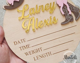 Boots and bows theme Newborn Baby Birth Stats Board wood acrylic sign 3d Style door hanger, nursery modern hospital door sign decor colgante