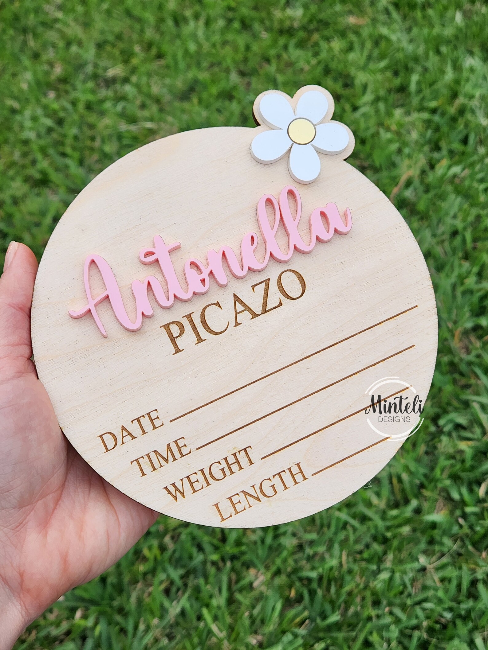 Newborn Baby Custom Birth Stats Circular Wood Sign With Acrylic Name ...