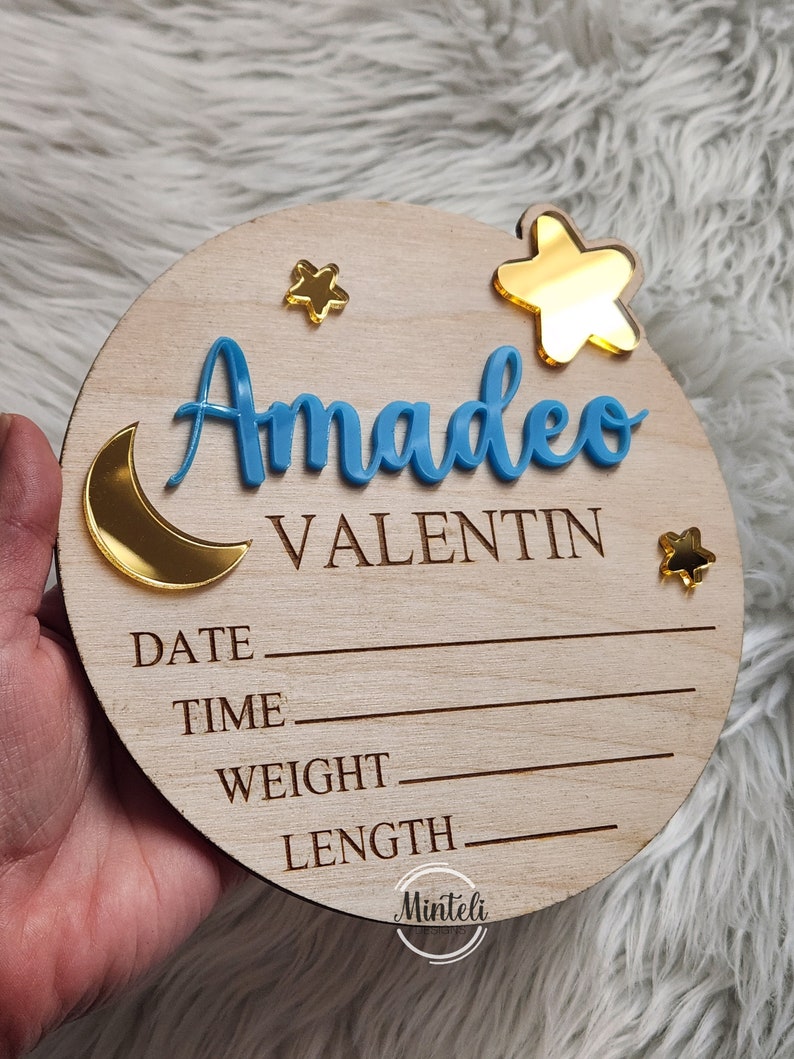 Newborn Baby Custom Birth Stats Circular Wood Sign With Acrylic Name ...