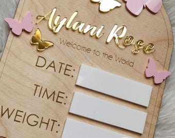 Newborn Baby Custom Birth Stats Board Sign  wood and acrylic elegant sign, nursery boho modern decor, new mom gift Butterfly Theme