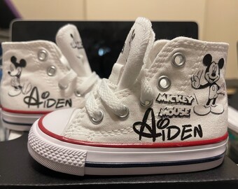 White Mikey inspired converse, free shipping, high top, personalized name, black and white  Mickey  genuine converse sneakers