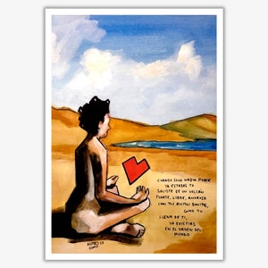 Könnte beinhalten: Ein Aquarellbild einer Person, die auf einem Strand sitzt, mit einem roten Herzen vor sich. Das Bild hat einen blauen Himmel mit weißen Wolken und ein Gewässer im Hintergrund. Der Text im Bild lautet: "CUANDO SOLO HASIA PROER YA ESTABAS TV SALISTE DE ON VOLCAN FUERTE, LIBRE, ANORICA CON THE RICITO BOUITS, GHO TU LLENA DE TI, YA EVILTIAS EN EL ORIGEN DEL MUNDO"