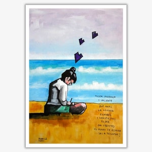 Può includere: Dipinto originale raffigurante una persona che scrive su una spiaggia, con un oceano blu e cielo sullo sfondo. L'opera include testo in spagnolo: "MUJER PODEROSA Y VALIENTE..." ed è firmata "AJ23".