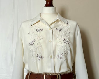 vintage 1990s Cottagecore Grandmacore Twee bestickte creme- und beigefarbene Tartan-Detail-Bluse mit langen Ärmeln