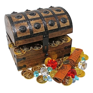 May include: A wooden treasure chest, partially open and overflowing with gold coins. Scattered around are more coins, red and blue gems, and a rolled-up map. The chest is adorned with metal accents.