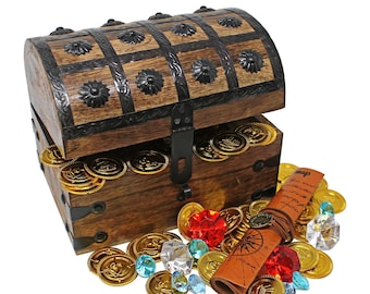 Nautical Cove Pirate Treasure Wood Chest - Includes Faux Leather Treasure Map and Gold Coins and Gem Pack - Kids Toy Chest - Keepsake Holder