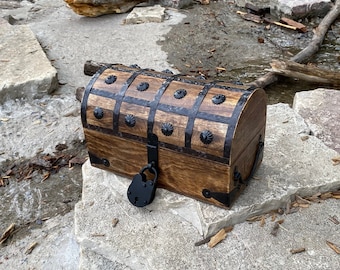 Pirate Wooden Treasure Chest with Antique Iron Lock and Skeleton Keys Medium 11 x 6 x 6.75" - Rustic Storage and Decorative Wood Box