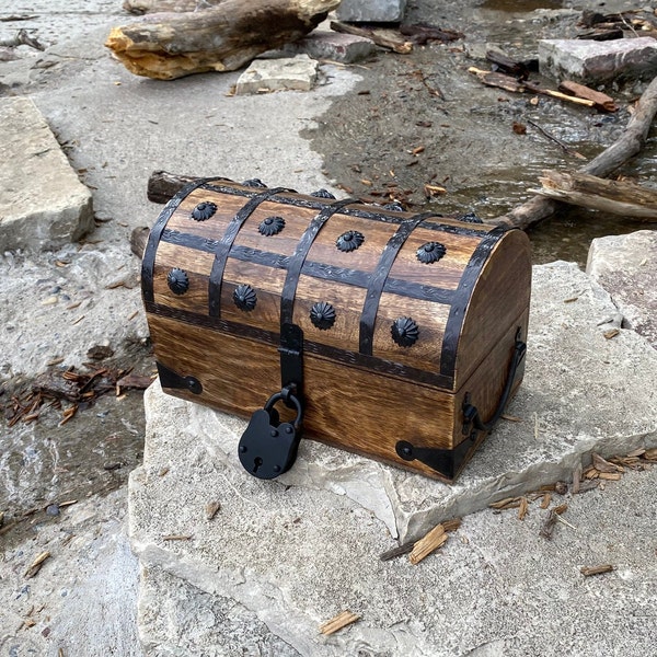 Pirate Wooden Treasure Chest with Antique Iron Lock and Skeleton Keys Medium 11 x 6 x 6.75" - Rustic Storage and Decorative Wood Box