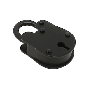 May include: A black metal padlock with a keyhole and decorative rivets. The padlock has a rounded shape and a simple design.
