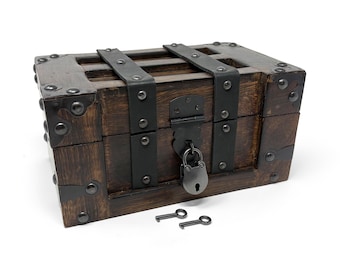 Deluxe Handmade Rectangular Wooden Treasure Chest – Flat Lid Design with Real Leather Accents, Iron Lock & Keys, Decorative Storage Box