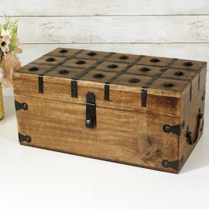 Pirate Wooden Storage Chest Flat Lid with Antique Iron Lock and Skeleton Keys - Rustic and Decorative Wood Box - Keepsake and Card Holder