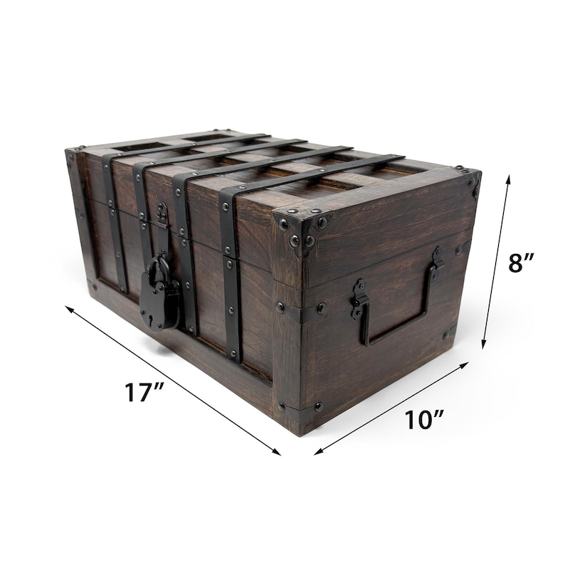 May include: A dark brown wooden chest with metal accents, measuring 17 inches long, 10 inches wide, and 8 inches high. The chest features a lock, metal bands, and a handle. The corners are reinforced with metal.