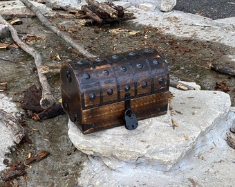 Pirate Wooden Treasure Chest with Antique Iron Lock and Skeleton Keys - Large 13 x 8.5 x 8.5" - Wooden Rustic Storage and Decorative Box