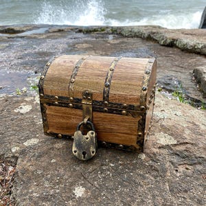 Antiqued Finished Wood Treasure Chest with Decorative Rivets, Reinforcing Iron Strips, Lock and Skeleton Keys, Kids Toy Chest, Storage Box