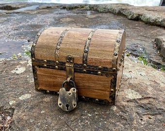 Antiqued Finished Wood Treasure Chest with Decorative Rivets, Reinforcing Iron Strips, Lock and Skeleton Keys, Kids Toy Chest, Storage Box
