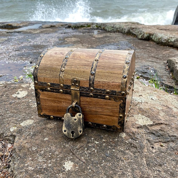 Antiqued Finished Wood Treasure Chest with Decorative Rivets, Reinforcing Iron Strips, Lock and Skeleton Keys, Kids Toy Chest, Storage Box