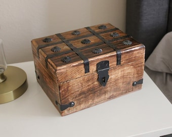 Wooden Treasure Chest Keepsake Box Flat Lid - Rustic Storage and Decorative Wood Box - Keepsake and Card Holder - Unique Jewelry Box