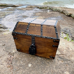 Angular Pirate Treasure Chest Made of Solid Wood with Decorative Rivets - Includes Iron Lock and Skeleton Keys, Kids Toy Chest, Storage Box