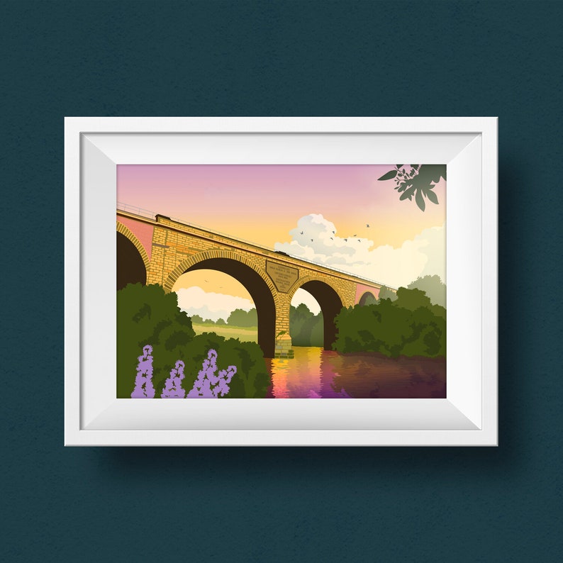 May include: A painting depicting a stone bridge with three arches spanning a river. The bridge is rendered in shades of brown and yellow, while the river is a light blue. The sky is a soft pink and purple, with trees lining either side of the bridge. Purple flowers are featured in the foreground.