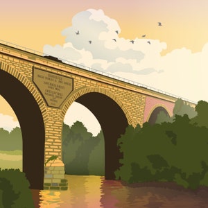 May include: A stone bridge with a plaque that reads "Contractors Thomas McShane, 1881". The bridge has two arches and is over a river with green trees on either side. The sky is a light orange and pink.