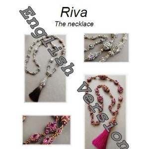 Könnte beinhalten: Das Bild zeigt ein Halsketten-Design namens "Riva" mit dem Text "The necklace". Das Design zeigt Perlenketten in Silber- und Rosatönen, einige mit Quasten. Das Bild enthält auch den Namen des Designers, Christine Hesse-Palesche.