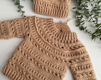 Handmade Crochet 3-6m Baby Jumper Camel Textured with matching Hat