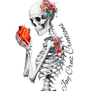 May include: A skeletal figure holding a bright red anatomical heart, adorned with colorful floral arrangements on the skull and shoulder. The text Jay Cruz Creations is written in a black cursive script along the right side of the illustration.