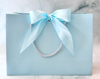 Elegant Large Light Blue Gift Bag 17" x 12-1/2” x 5-1/2 inch Wide Light Blue Satin Ribbon for Gift Gifting, Birthday, Wedding