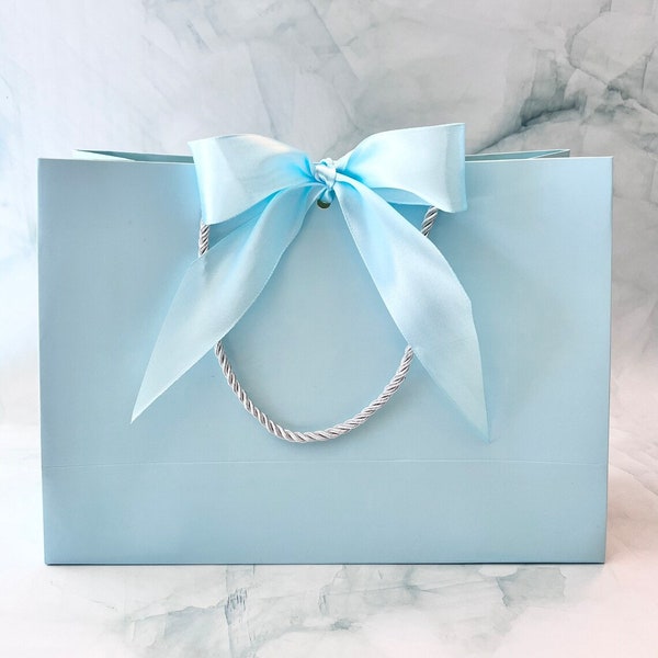 Elegant Large Light Blue Gift Bag 17" x 12-1/2” x 5-1/2 inch Wide Light Blue Satin Ribbon for Gift Gifting, Birthday, Wedding