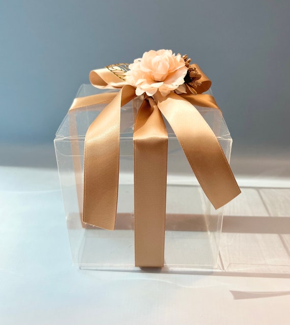 20 Boxes - Clear Candy Box Flower Decor and Satin Ribbon in Gold 3x3x3  inch, Party Favor Box
