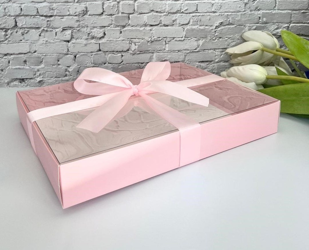 2 Boxes Elegant Wide Pink Gift Box 16x12x2.5 Inch Clear Tuck-in Top Lid ...