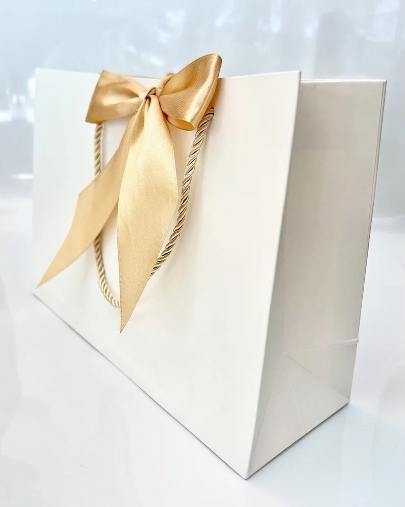 Elegant White Gift Bag Wide Black Ribbon & Black Cords 13-3/4 X 11-3/4 X  4-1/8 Inch for Gift Gifting 
