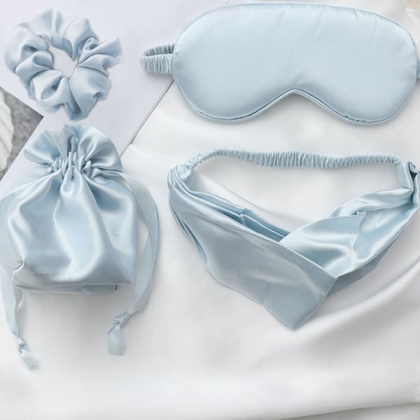 4PC Soft Silk Satin Sleep Eye Mask in Clear Top Lid Gift Box Set - Color Light Blue