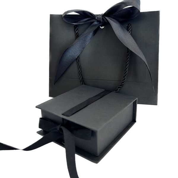 Elegant Black Jewelry Hard Gift Box with Wide Satin Black Ribbon Gift Bag Set - For Necklace, Bracelet, Earrings, Ring