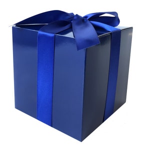 May include: A blue gift box with a blue satin ribbon tied in a bow.