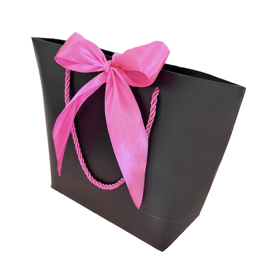 Elegant Black Gift Bag With Hot Pink Wide Ribbon & Hot Pink Cords 10-1/2 X  7-3/4 X 3-1/2 Inch for Gift Gifting, Birthday, Wedding 