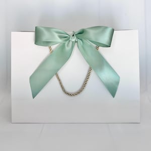 Elegant White Gift Bags with Wide Sage Satin Ribbon with Gold Cords 11&quot; x 7-3/4&quot; x 4&quot; Gift Gifting, Wedding