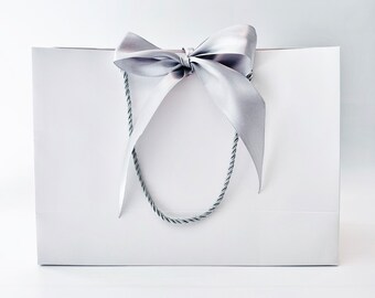 Elegant White Large Gift Bag 17" x 12-1/2” x 5-1/2 inch, Silver Satin Ribbon & Silver Cords for Gift Gifting, Birthdays, Wedding