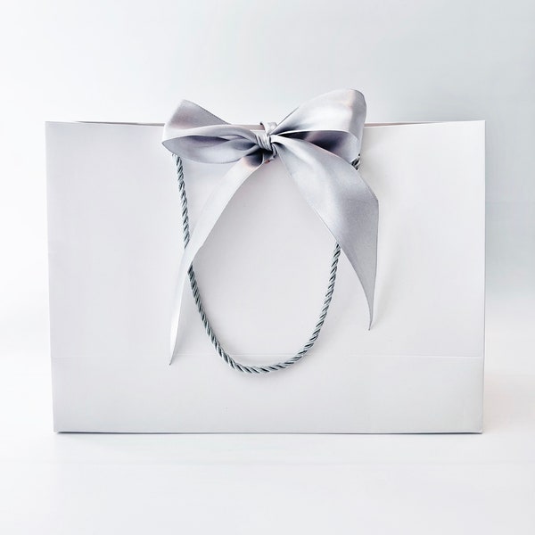 Elegant White Large Gift Bag 17" x 12-1/2” x 5-1/2 inch, Silver Satin Ribbon & Silver Cords for Gift Gifting, Birthdays, Wedding