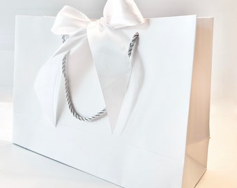 Elegant White Large Gift Bag 17" x 12-1/2” x 5-1/2 inch, White Satin Ribbon & White Cord Handles for Gift Gifting, Birthdays, Wedding