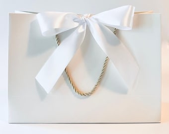 White Gift Bag Wide Satin Ribbon, Gold or White Cords, 11x7.75x4 inch