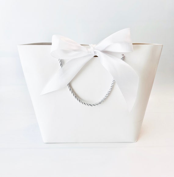 Elegant White Gift Bag White Satin Ribbon and White Cords 10-1/2 X 7-1/2 X  3-1/2 Inch for Gift Gifting, Birthday, Wedding 