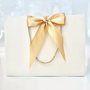 May include: A white gift bag with a gold satin bow and rope handles.