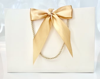 2 Bags - Elegant White Gift Bag 11" x 7-3/4" x 4", Gold Cord Rope Handle, Satin Gold Ribbon for Gift Gifting, Birthdays, Party