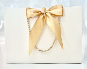 White Gift Bags Wide Gold or Silver Ribbon, 11x7.75x4  inch
