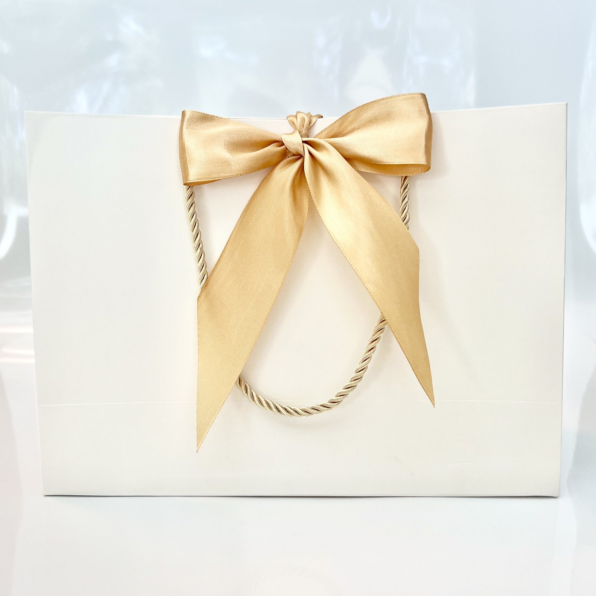 Medium White Paper Bags Gold Ribbon Handles