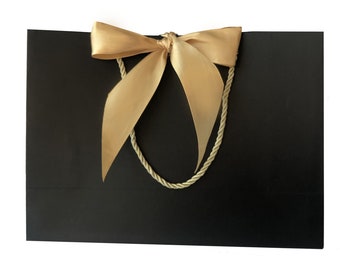 Elegant Black Gift Bag Wide Gold Ribbon, 11x7.75x4 inch