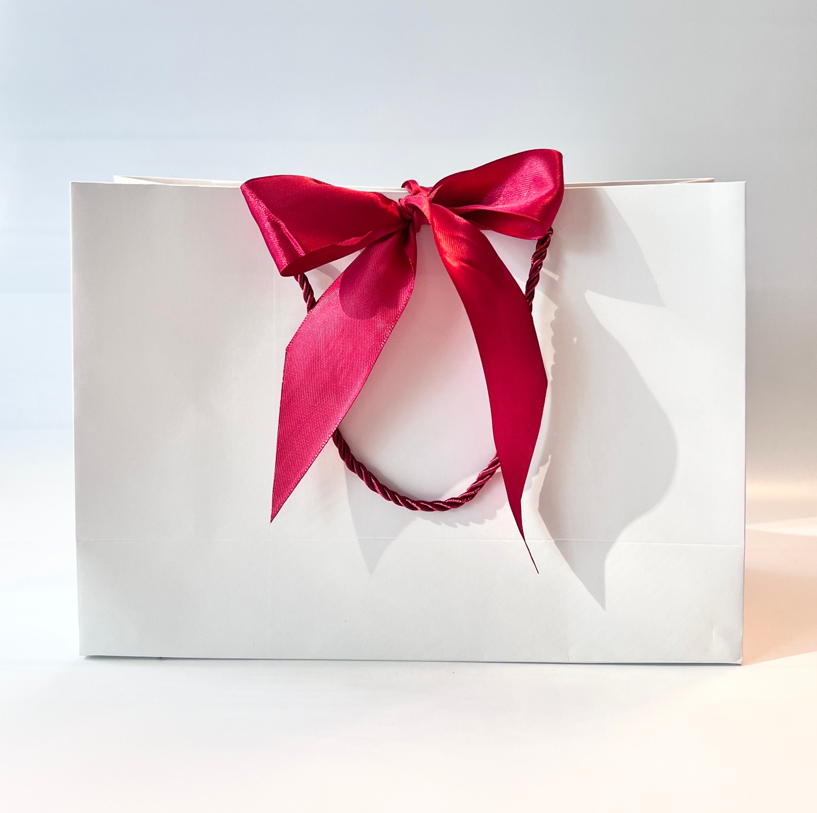 Elegant White Gift Bag Wide Red Ribbon & Red Cord Handles 13